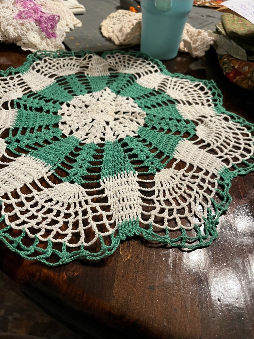 Green and White Crochet Doily - Handcrafted Home Art